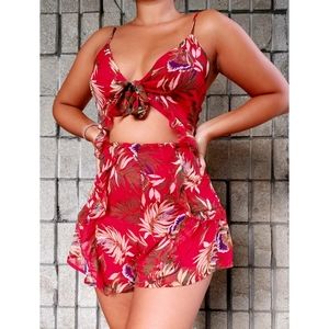 Red tie front romper